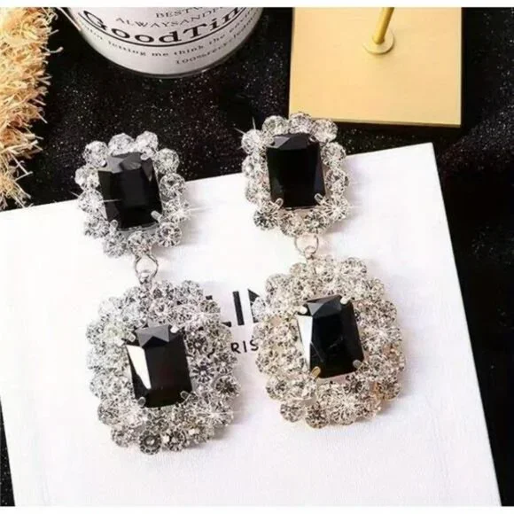 Black Silver Crystal Rhinestone Earrings Dangle Drop Long Luxury Bridal Jewelry - Picture 4 of 6